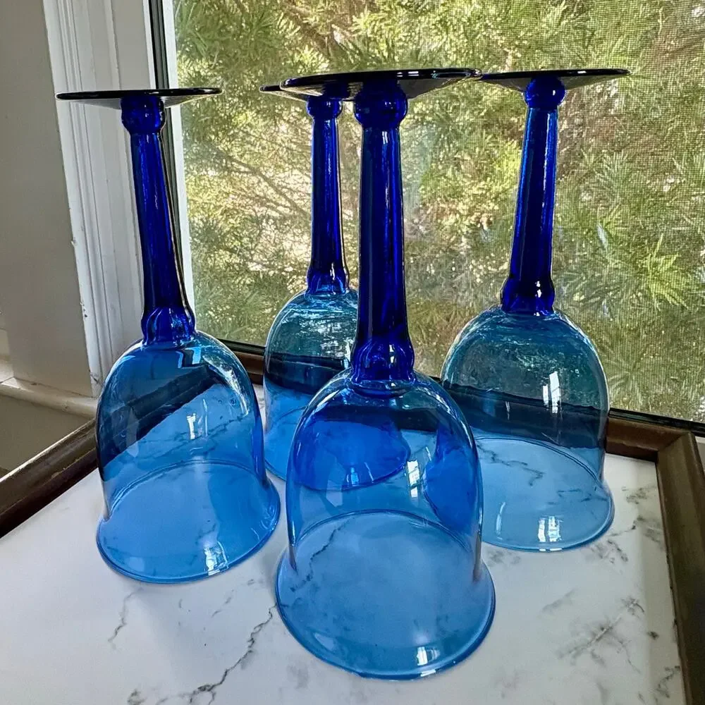 Vintage Cobalt Blue Mexican Glass Goblets Set of 4u